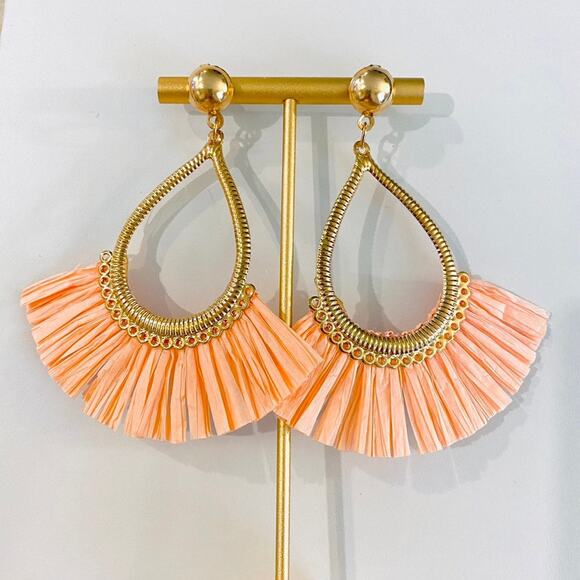 Coral Raffia Teardrop Drop Earrings - Picture 1 of 1